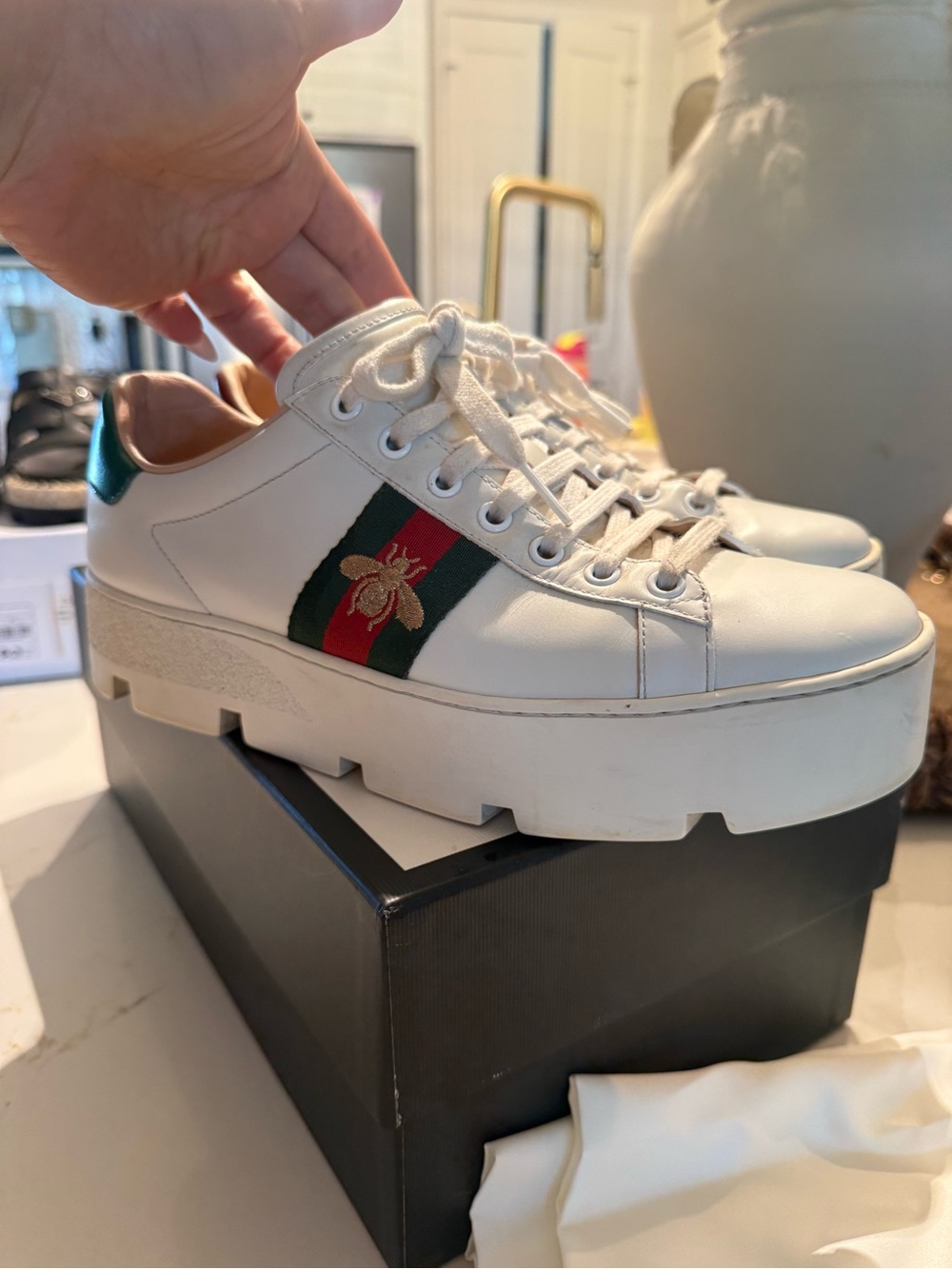 Gucci White Leather Platform Sneakers with Green & Red Web and Gold Bee